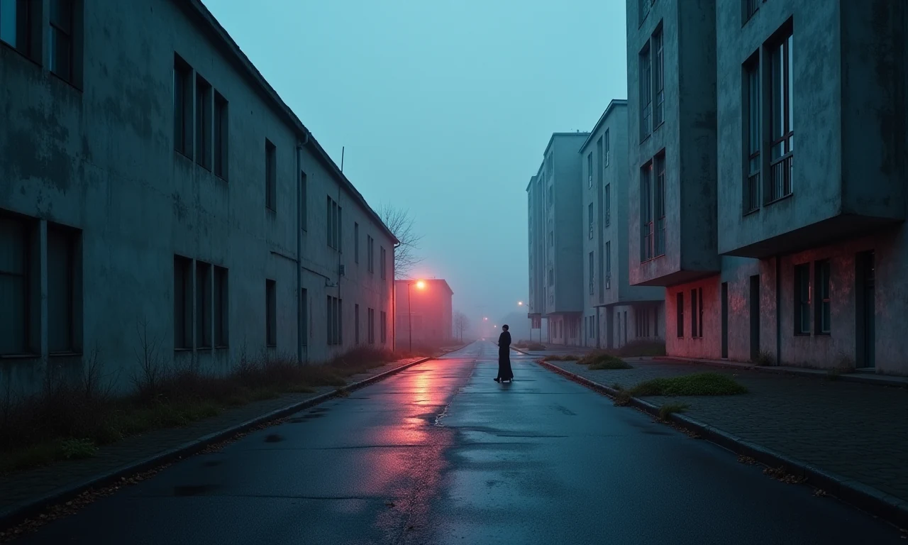 Filmisch inszenierter urbaner Hof zwischen Betonbauten im Abendlicht